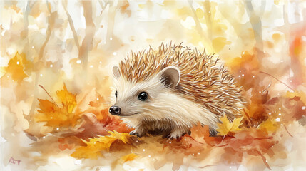 Vector illustration, watercolor paint of a cute hedgehog in the forest.