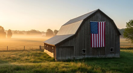 Barn with American Flag in Foggy Field