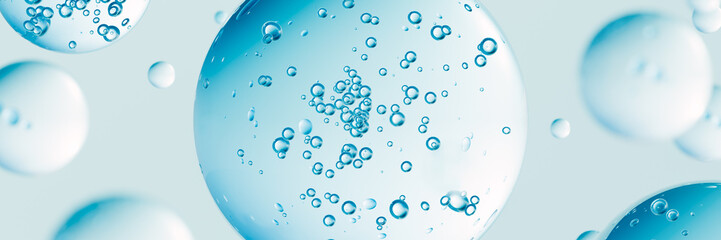 3D banner. Transparent blue gel water texture with air bubbles in view on a light blue background. Ideal for skin care, cosmetics, or hygiene product concepts. Clean, fresh, and minimalistic design.	