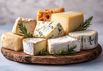 Assorted Cheeses Arrangement on Wooden Board with Fresh Herbs and Elegant Background for Culinary, Snack, or Gourmet Themes in Stock Photography