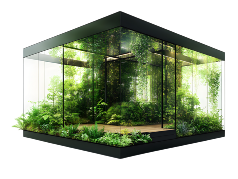 Glass cube structure, indoor garden, lush greenery, wooden floor