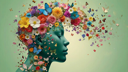 형형색색의 꽃과 꽃잎이 활짝 피어 있습니다. 배경은 부드러운 파스텔 그린으로 차분하고 창의적인 분위기(Colorful flowers and petals are in full bloom. The background is a soft pastel green, creating a calm and creative atmosphere.)