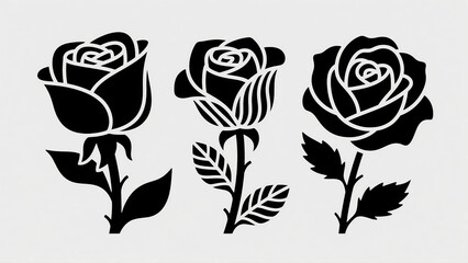세 가지 스타일의 장미 꽃 디자인을 실루엣으로 표현한 고해상도 흑백 벡터 일러스트레이션(
High resolution black and white vector illustration of three styles of rose flower designs in silhouette)