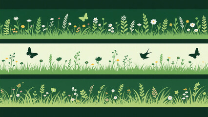 야생화, 풀, 나비, 새가 어우러진 푸른 초원 실루엣을 담은 고해상도 가로 벡터 일러스트레이션(High resolution horizontal vector illustration of a green meadow silhouette with wildflowers, grass, butterflies and birds)