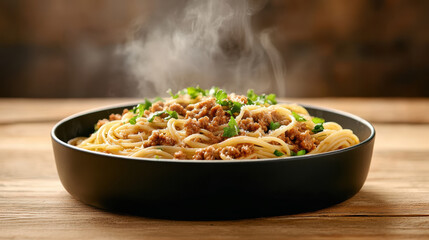 Delicious spaghetti dish with steaming meat sauce, garnished with herbs, served in black bowl