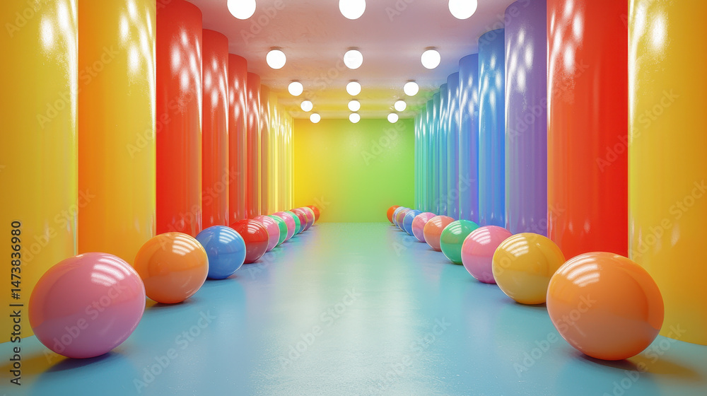 Poster A vibrant 3D background displays colorful columns and spheres from a side angle in realistic 4K, creating a playful and modern design with dynamic visual appeal.