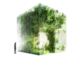 A transparent cube filled with lush greenery, showcasing a unique blend of nature and architecture.  A human figure provides scale