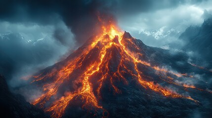Volcanic eruption with molten lava flowing down the mountainside and ash filling the air, a powerful and dramatic display of nature's force