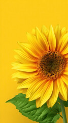 Obraz premium Bright yellow sunflower with vibrant petals and green leaves stands against a matching yellow background, radiating warmth and natural beauty in close detail.