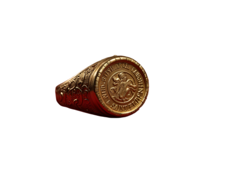 Collection of gold ceremonial rings in Catholic style, papal symbolism and religious tradition, isolated on transparent background for design and editorial use