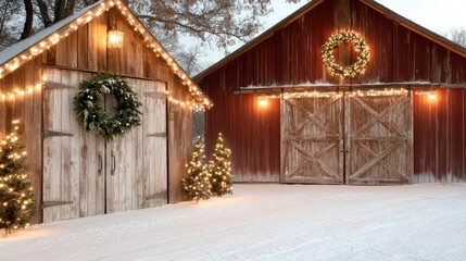 Classic red barn with wreaths and Christmas lights snowy landscape, creating festive atmosphere