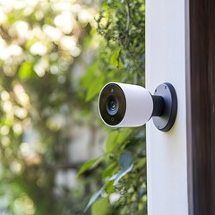Outdoor security camera mounted on a white wall