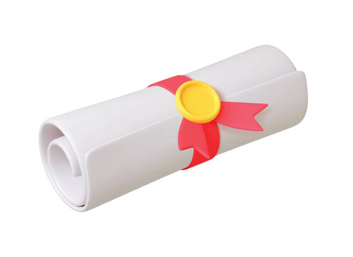 Graduation degree 3d icon. Paper roll with red ribbon and seal. Isolated diploma or certificate of academic education. College or university graduated, vector element