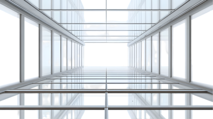 A futuristic, white corridor with a repeating pattern of doors and windows, viewed from below, creates a sense of depth and endlessness