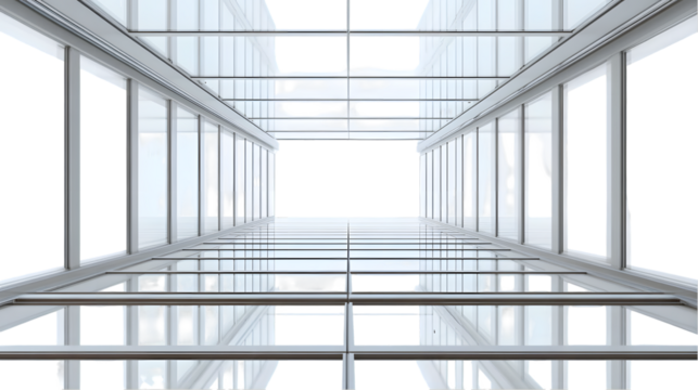 A futuristic, white corridor with a repeating pattern of doors and windows, viewed from below, creates a sense of depth and endlessness