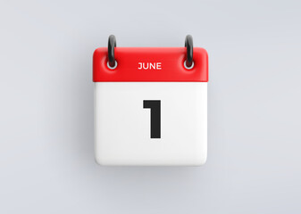 3D calendar icon with date 1 June on grey background. Vector schedule symbol.