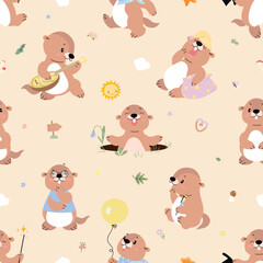 Naklejka premium Groundhogs seamless pattern. Cartoon groundhog or marmot funny characters. Childish style animals, print design for fabric or wallpaper, nowaday vector background