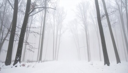 Fototapeta premium Snowy winter pathway adventure in foggy forest nature photography tranquil environment wide angle view mysterious atmosphere
