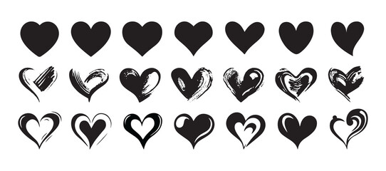 Set of hearts in black color, heart icons set vector, set of hearts different shapes for design. Heart collection. Vector art. Heart, love, romance hearts. Vector icons. Hand drawn hearts love symbol