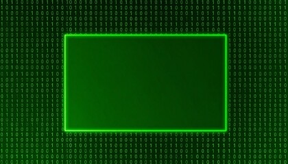 Abstract green digital backdrop with illuminated neon rectangle and binary code background. Suitable for technology and data visualization concepts