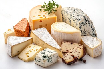 Assorted Collection of Gourmet Cheeses Displayed on White Background Perfect for Culinary, Dining, and Food Photography Projects