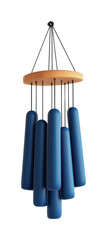 Modern blue wind chime with wooden top and cylindrical tubes, cut out - stock png.