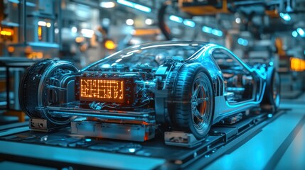 Futuristic electric vehicle undergoing final assembly in a high-tech factory