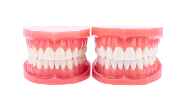 two sets of teeth models displayed side by side, highlighting dental health and the importance of oral care. The teeth are clean and white.