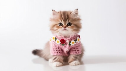 Adorable kitten posing in fashionable sweater studio pet photography bright background cute concept