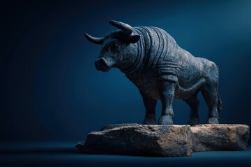 Fototapeta premium Dark, stone bull statue on a rock pedestal.