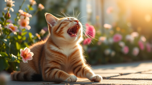 serene scene of cat yawning and stretching in sunlit garden, surrounded by blooming flowers. warm light enhances peaceful atmosphere