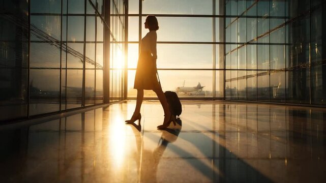 A confident woman walks through a sunlit airport terminal, pulling a suitcase. Her silhouette reflects on the floor. The mood is elegant, professional, and calm. 4K cinematic video