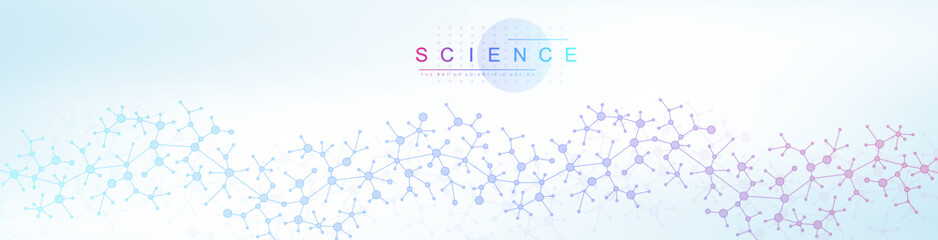 Obraz premium Colorful molecules background with DNA helix, DNA strand, DNA Test. Molecule or atom, neurons. Abstract structure for science, healthcare or medical background, banner. Scientific vector illustration