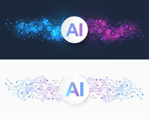 Creative idea AI banner concept for internet technology. Motherboard technology abstract texture design. Software coding. Digital concept for poster, cover, banner, header, web, presentation template