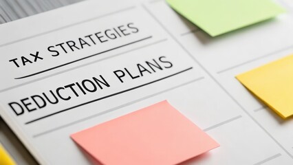 Naklejka premium Whiteboard with tax strategies and deduction plans highlighted by colorful sticky notes.