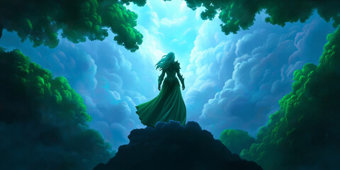 Obraz premium Woman standing on cliff looking out at cloudy sky
