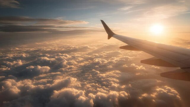 Scenic view from a commercial airplane window showing the wing above soft moving clouds. The sunlight creates a golden glow across the sky. Ideal for travel, aviation, and aerial atmosphere themes.