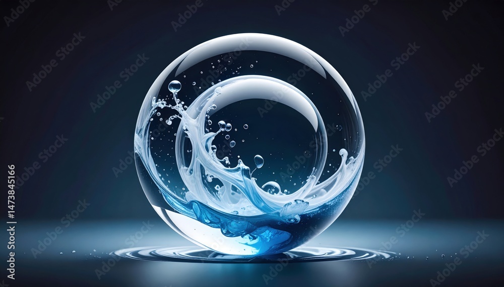 Poster dynamic water wave inside a clear sphere studio setting high-quality digital image artistic concept 