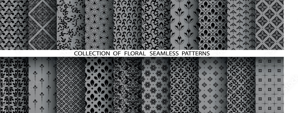 Poster geometric floral set of seamless patterns. gray and black vector backgrounds. damask graphic ornamen