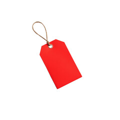 Red price tag with a rope loop for hanging.