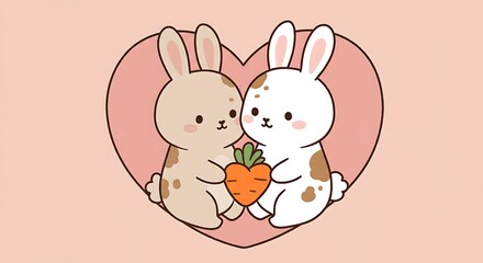 Cute bunnies sharing a carrot inside a heart shape