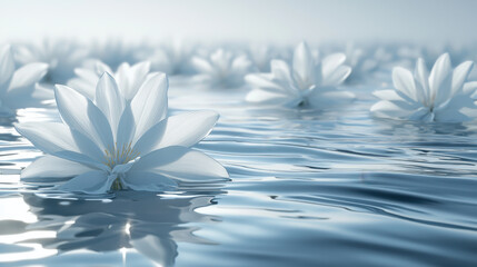 Serene 4K background depicts realistic petals floating in calm water, offe a side angle view of 3D rendered floral beauty in a peaceful aqueous environment.