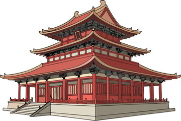 91 3d render, intricate detailed topolos temple, pagoda style architecture, elegant curved rooftops, vibrant red color, traditional asian design, ornate details, photorealistic, octagon shape