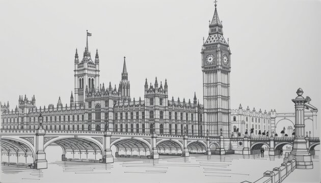 Sketch of Big Ben and the Palace of Westminster, London, in perspective from the south bank of the River Thames. Use precise architectural linework to detail gothic spires and clock face
