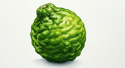 Textured green bergamot fruit watercolor painting