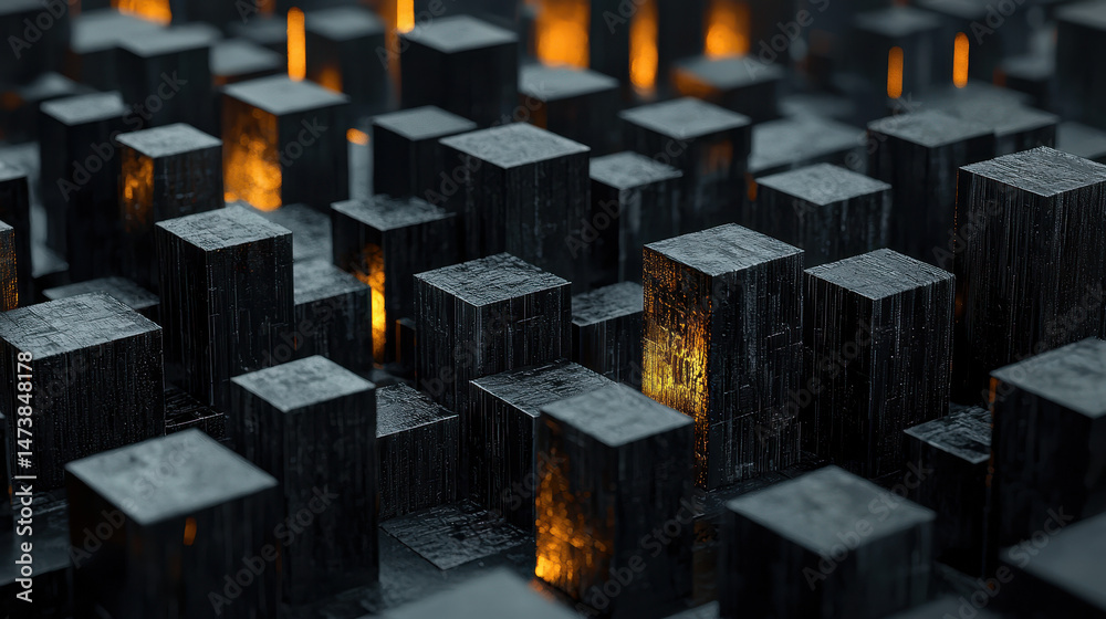 Poster a realistic 4k side angle view of an organized 3d background with dark geometric visuals and subtle 