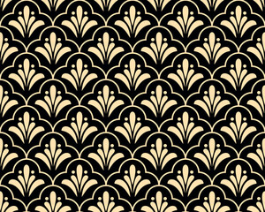 Flower geometric pattern. Seamless vector background. Golden and black ornament