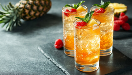Tasty pineapple juice in glasses and fruits