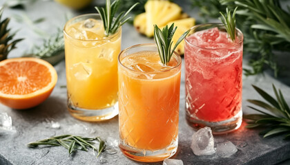 Tasty pineapple juice in glasses and fruits