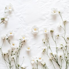 White flowers arranged on textured white background